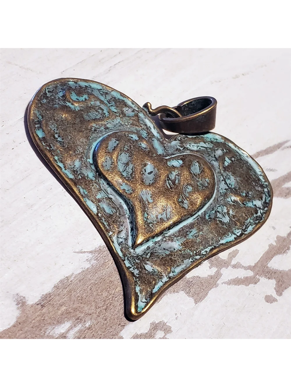 Antique Bronze Hammered Verdigris Green Patina Large Carved Heart Pendant